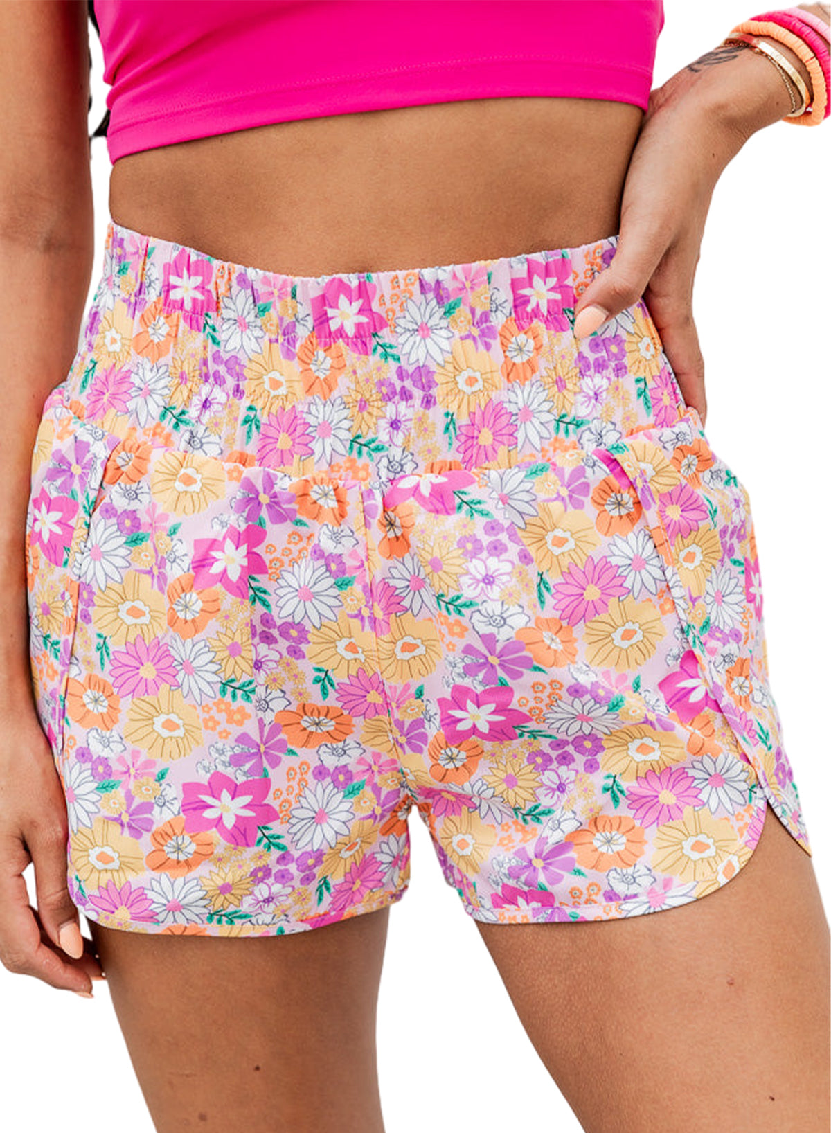 Pink Boho Floral Shirred High Waist Casual Shorts Bottoms JT's Designer Fashion