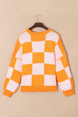 Orange Checkered Bishop Sleeve Sweater Sweaters & Cardigans JT's Designer Fashion