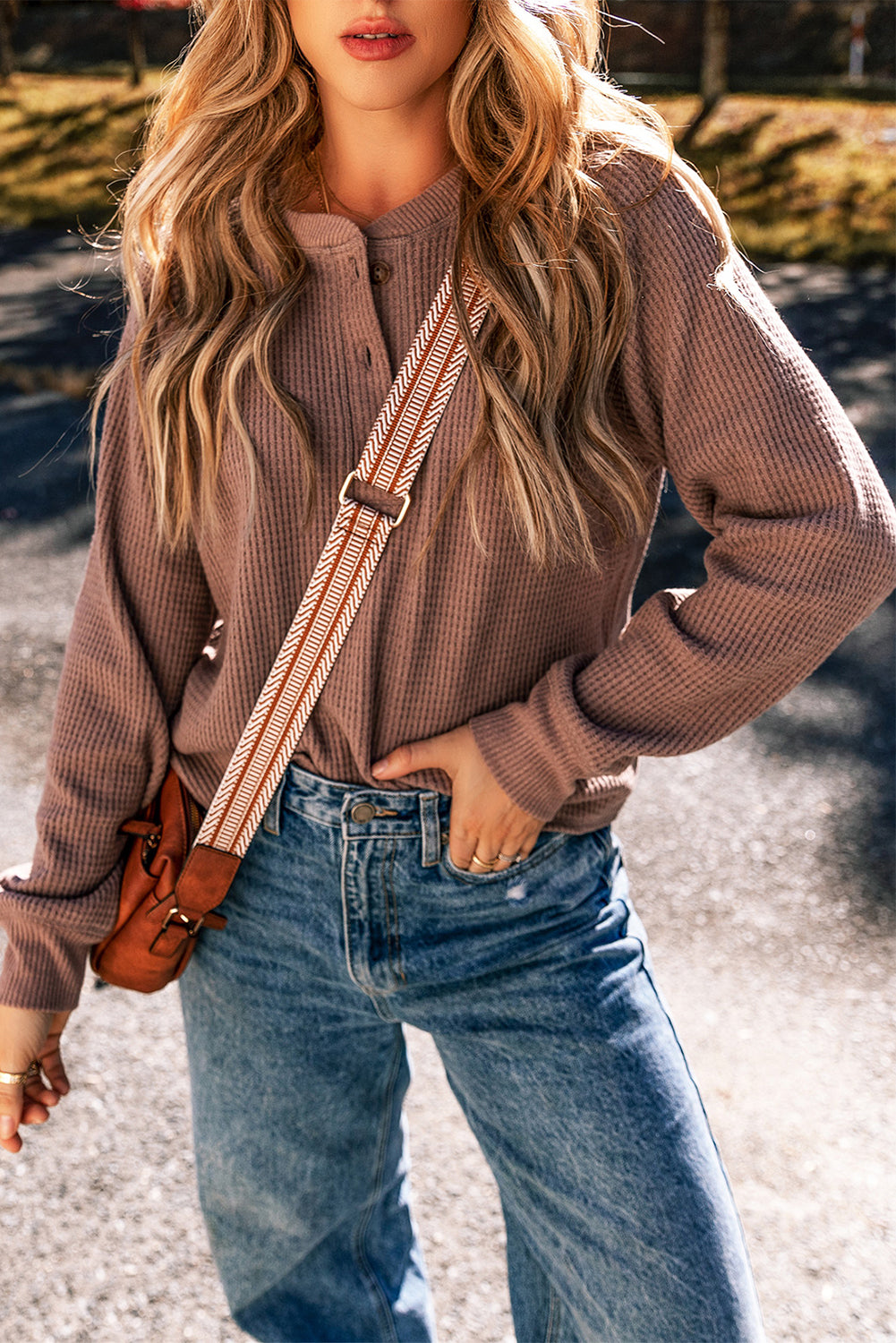 Chestnut Textured Knit Henley Long Sleeve Top Long Sleeve Tops JT's Designer Fashion