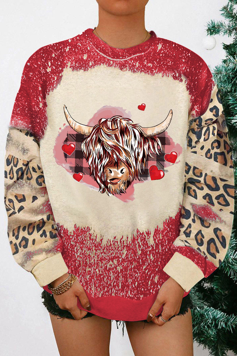 Fiery Red Valentines Heifer Graphic Print Leopard Bleached Sweatshirt Graphic Sweatshirts JT's Designer Fashion