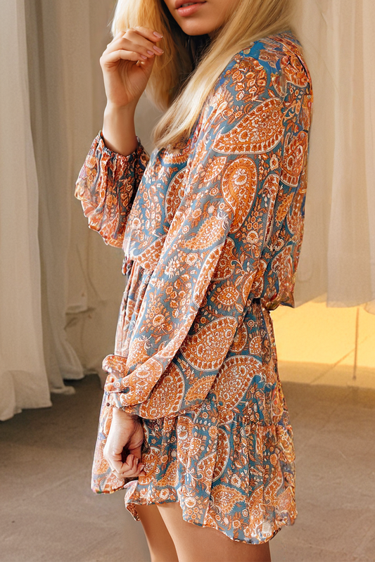 Orange Paisley Print Loose Fit Drawstring High Waist Mini Dress Mini Dresses JT's Designer Fashion