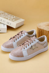 Gold Glitter Star Patchwork Leather Lace-up Sneakers Women's Shoes JT's Designer Fashion