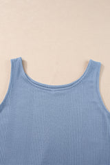 Beau Blue Solid Color Ribbed Ruffle Tank Top and Pants Set Pant Sets JT's Designer Fashion