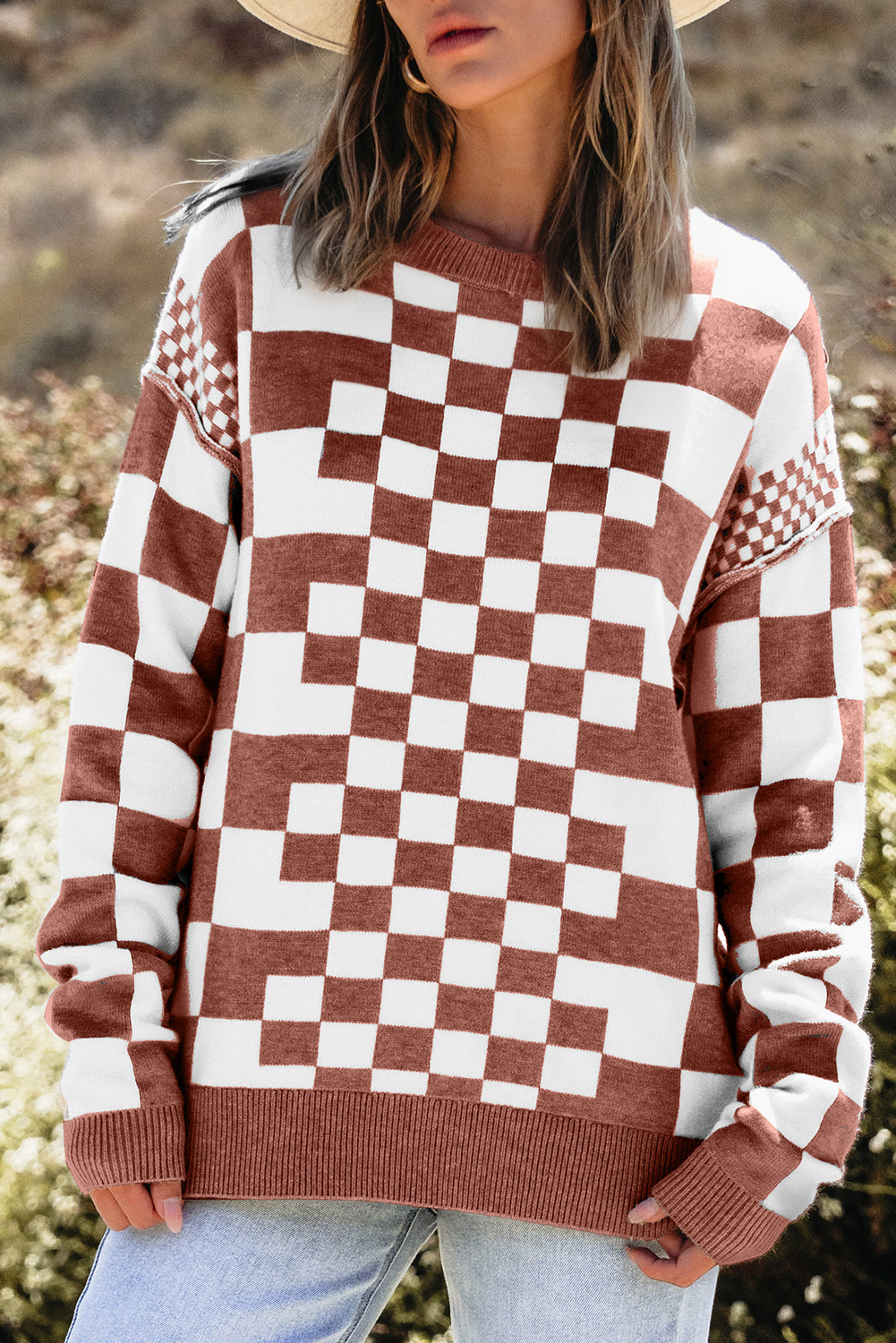 Brown Checkered Print Drop Shoulder Round Neck Sweater Sweaters JT's Designer Fashion