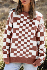 Brown Checkered Print Drop Shoulder Round Neck Sweater Sweaters JT's Designer Fashion