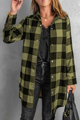 Green Turn-down Collar Plaid Shirt Coat Green 95%Polyester+5%Spandex Coats JT's Designer Fashion