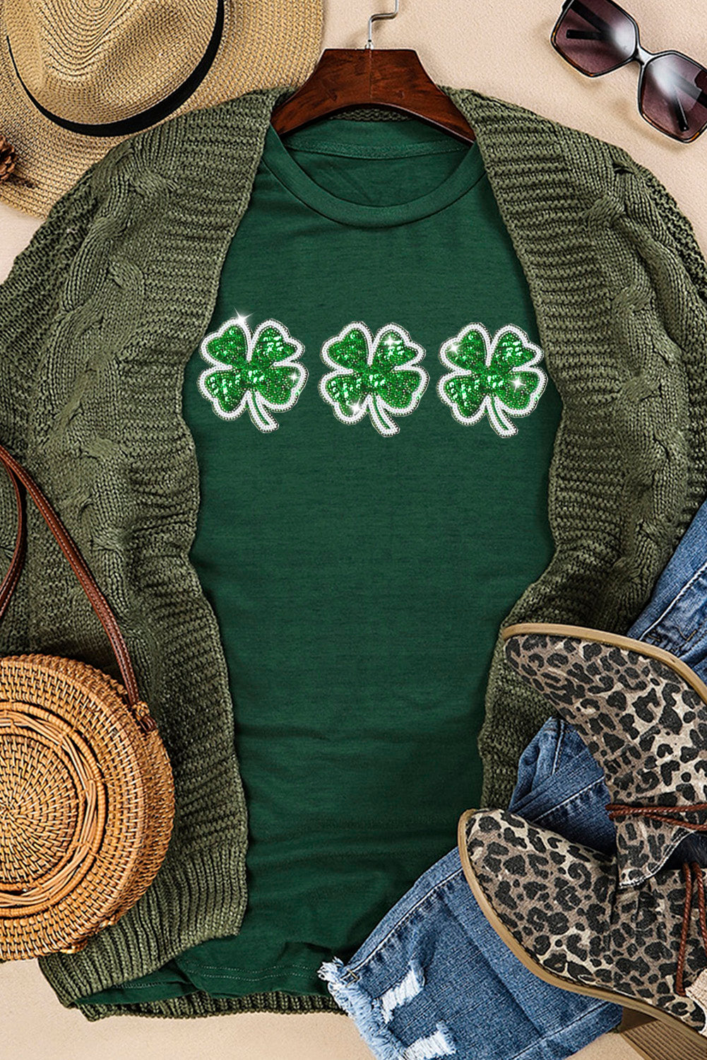Green St Patrick Clover Patch Sequin Graphic T-shirt Graphic Tees JT's Designer Fashion