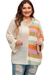 Beige Pointelle Knit Colorblock Patchwork V Neck Hooded Plus Sweater Plus Size Sweaters & Cardigans JT's Designer Fashion