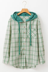 Green Checkered Print Loose Fit Buttoned Hooded Shacket Plaid Shackets JT's Designer Fashion