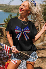 Black Rhinestone Stars and Stripes Bow Graphic Independence Day T Shirt Graphic Tees JT's Designer Fashion