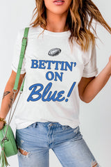 White Rugby Football BETTIN ON Blue Graphic Crewneck T Shirt Graphic Tees JT's Designer Fashion