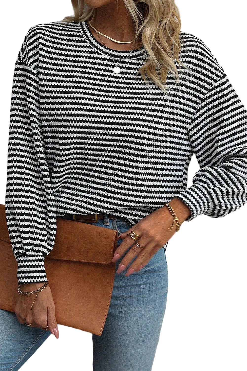 Black Stripe Round Neck Drop Shoulder Long Sleeve Top Long Sleeve Tops JT's Designer Fashion