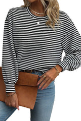 Black Stripe Round Neck Drop Shoulder Long Sleeve Top Long Sleeve Tops JT's Designer Fashion