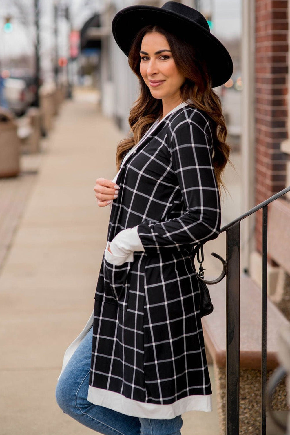 Black Plaid Colorblock Edge Open Cardigan with Pocket Cardigans JT's Designer Fashion