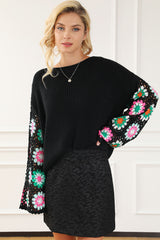 Black Floral Crochet Bell Sleeve Loose Sweater Sweaters JT's Designer Fashion