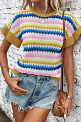 Khaki Trimmed Ruffle Sleeve Colorful Textured Sweater Sweaters & Cardigans JT's Designer Fashion
