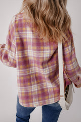 Pink Plaid Print Chest Pocket Long Sleeve Shacket Plaid Shackets JT's Designer Fashion