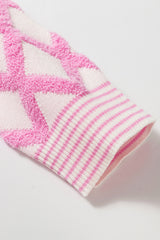 Pink Rhombus Pattern Knit Open Front Pocketed Cardigans Cardigans JT's Designer Fashion