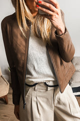 Chestnut Solid Faux Leather Zipper Slim Fit Bomber Jacket Chestnut shell:100%PU+Lining:100%Polyester Jackets JT's Designer Fashion