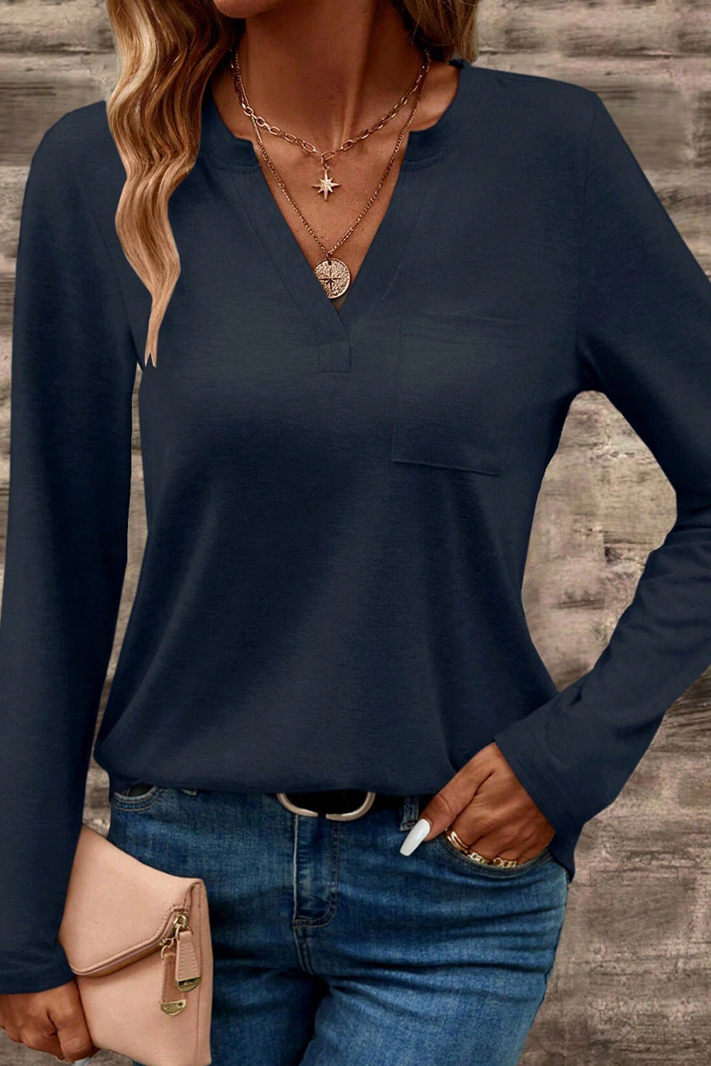 Dirty blue Notch V Neck Pocket Patched Long Sleeve T Shirt Long Sleeve Tops JT's Designer Fashion