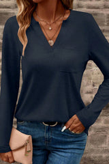 Dirty blue Notch V Neck Pocket Patched Long Sleeve T Shirt Long Sleeve Tops JT's Designer Fashion