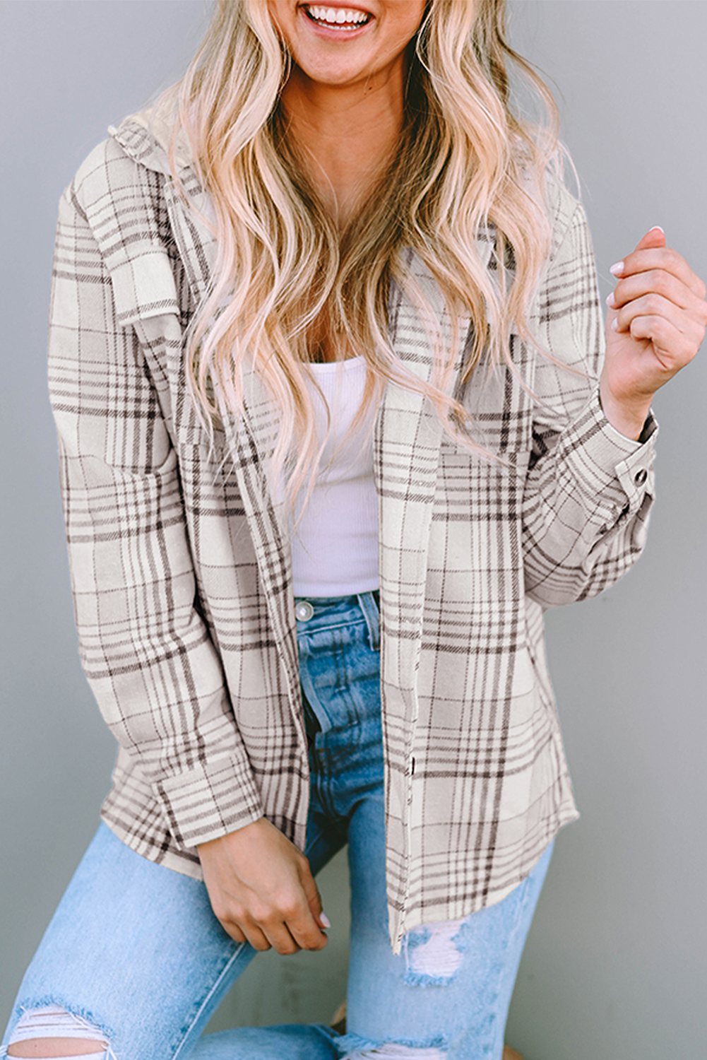 Khaki Plaid Removable Hood Buttoned Shacket Plaid Shackets JT's Designer Fashion