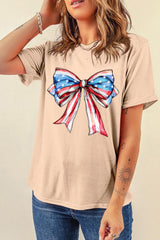 Khaki American Flag Bow Knot Print Round Neck T Shirt Graphic Tees JT's Designer Fashion