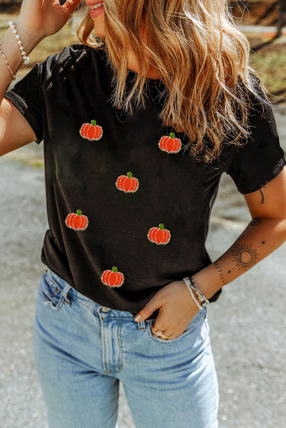 Black Chenille Pumpkin Patched Casual Cotton Blend T Shirt Graphic Tees JT's Designer Fashion