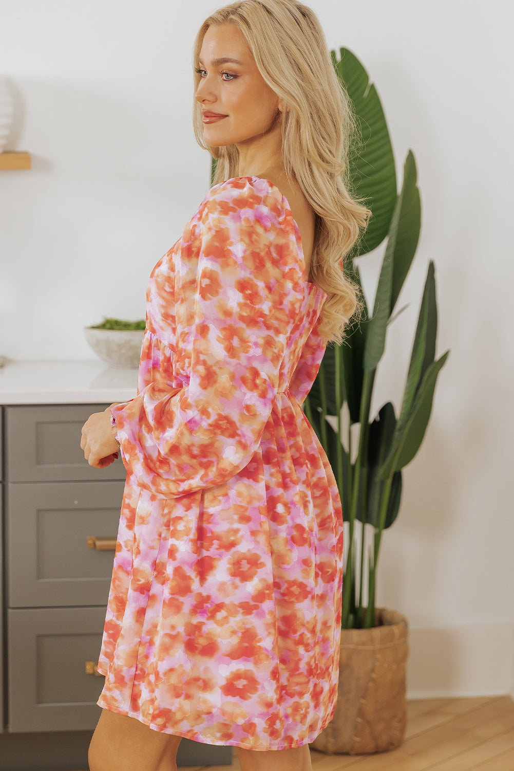 Rose Floral Print Square Neck High Waist Mini Dress Floral Dresses JT's Designer Fashion