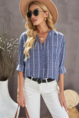 Blue Striped V Neck Pocket Long Sleeve Top Long Sleeve Tops JT's Designer Fashion
