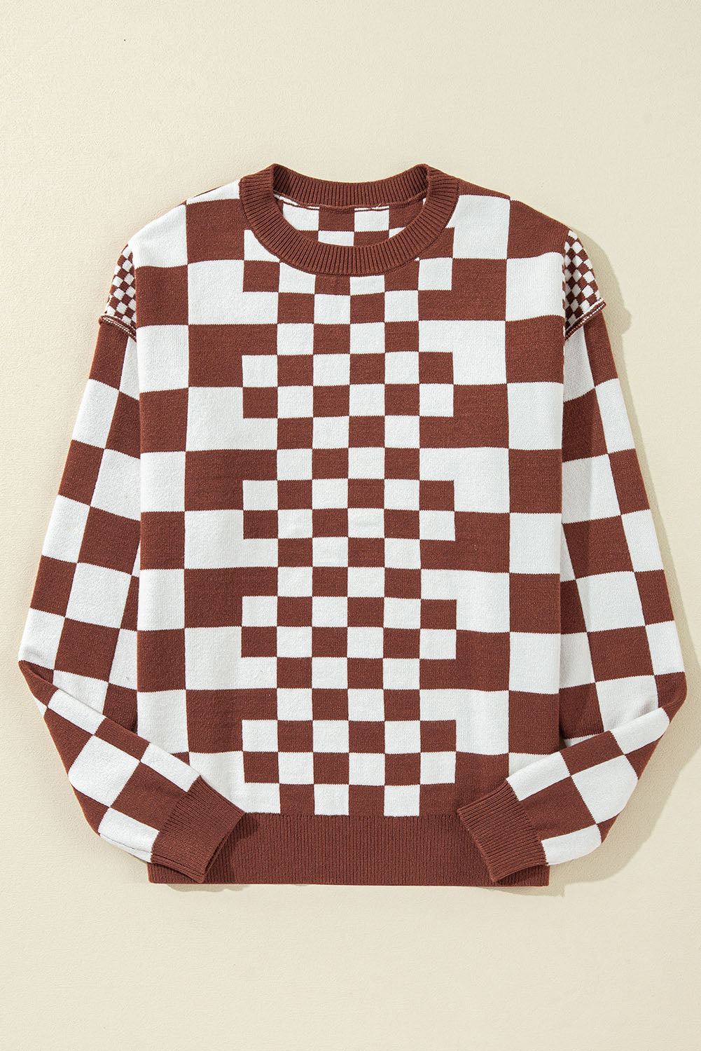 Brown Checkered Print Drop Shoulder Round Neck Sweater Sweaters JT's Designer Fashion