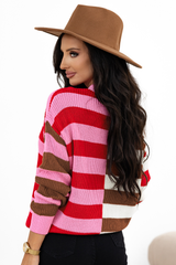 Pink Stripe Color Block High Neck Drop Shoulder Loose Sweater Sweaters JT's Designer Fashion