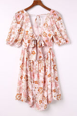 White Floral Print Bow Knot Backless Square Neck Mini Dress Floral Dresses JT's Designer Fashion