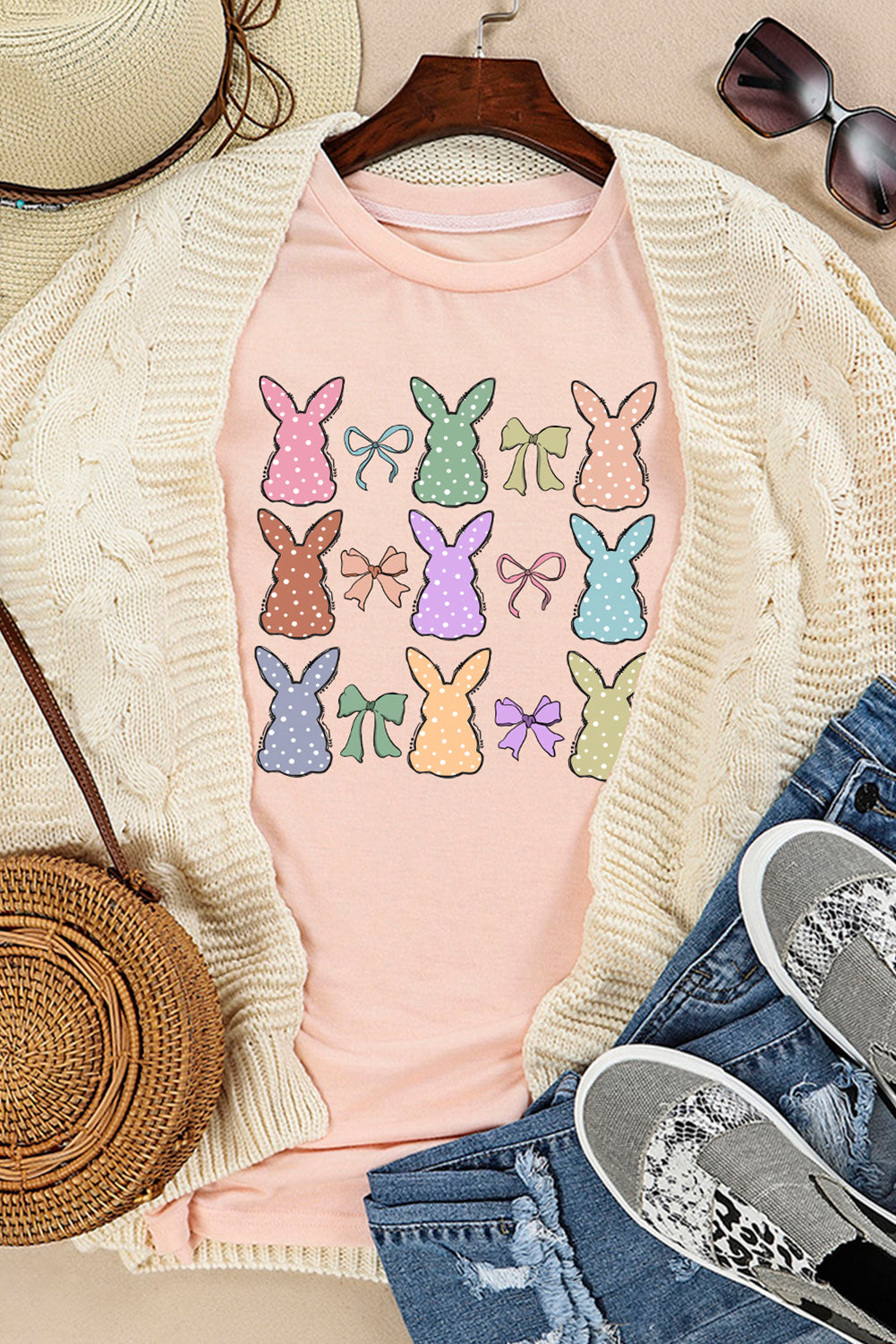 Pink Dotty Bunny Bow Printed Easter Day Fashion T Shirt Graphic Tees JT's Designer Fashion