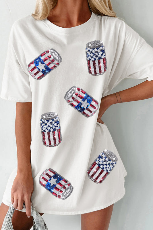 White Sequin American Flag Can Oversized Graphic Tee Graphic Tees JT's Designer Fashion