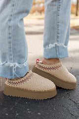 Oatmeal Embroidered Sherpa Plush Thick Sole Snow Boots Slippers JT's Designer Fashion