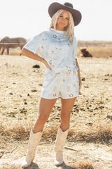 Gray Western Fashion Printed T Shirt Elastic Waist Shorts Set Short Sets JT's Designer Fashion