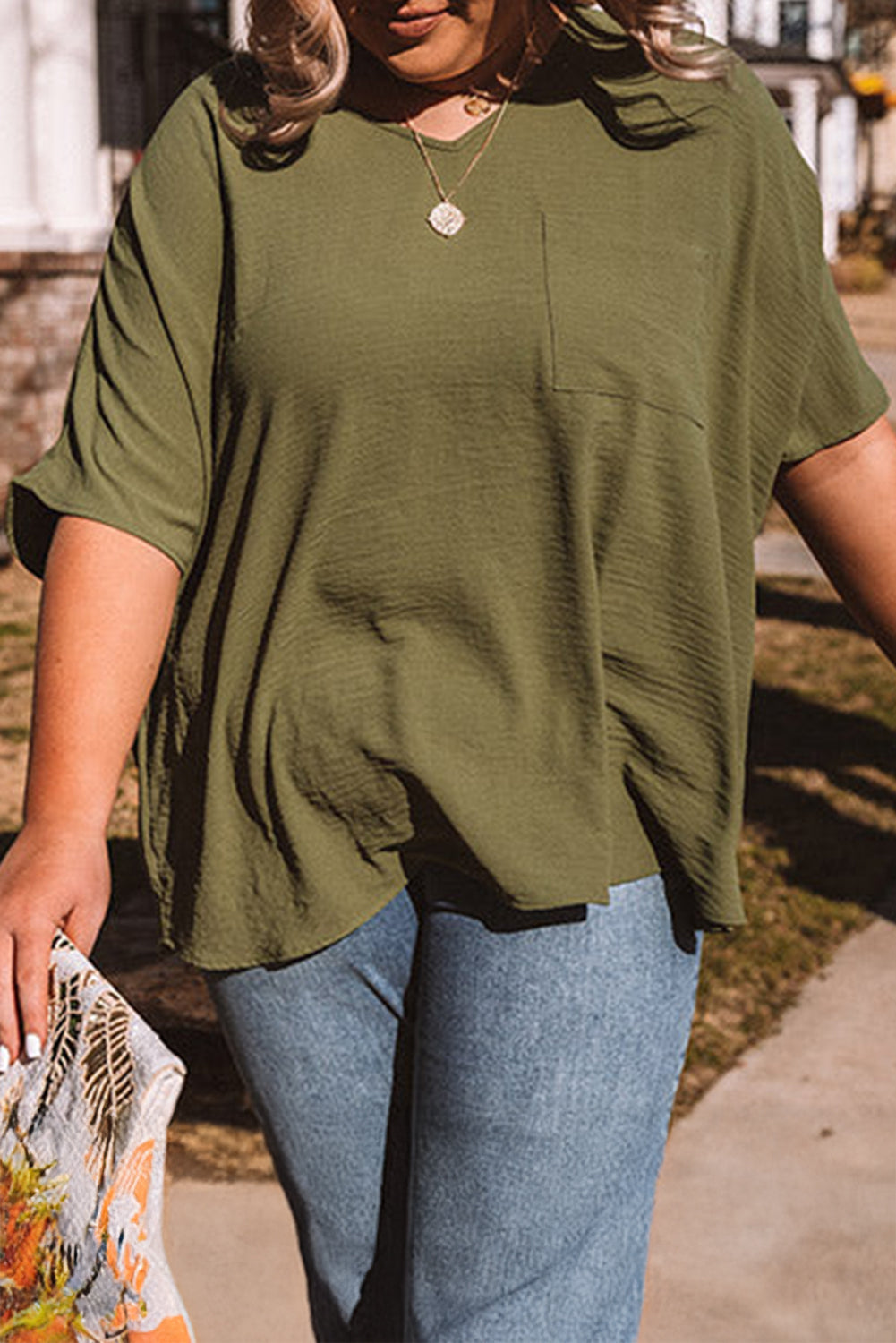 Four Leaf Clover Textured Half Sleeve V Neck Plus Size T Shirt with Chest Pocket Plus Size Tops & Tees JT's Designer Fashion