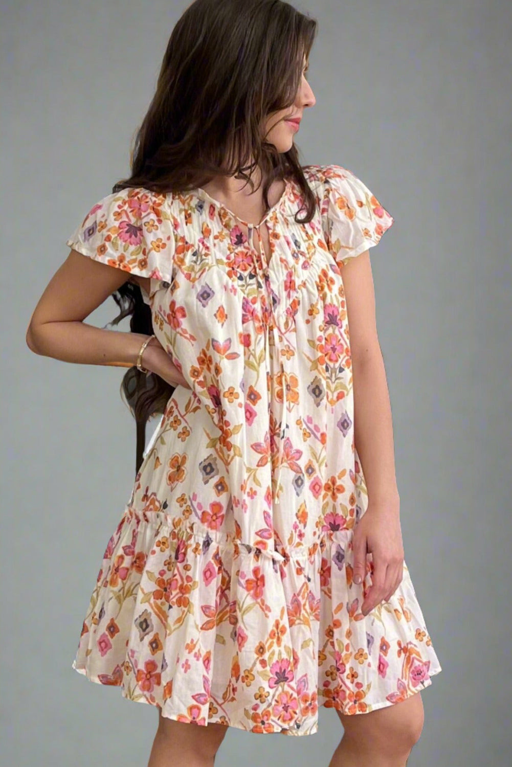 Apricot Floral Geometric Print Ruffled Trim Flutter Sleeve Mini Dress Floral Dresses JT's Designer Fashion