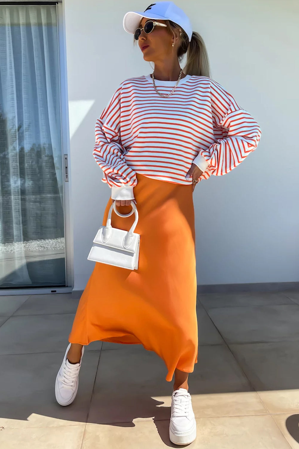 Orange Stripe Drop Shoulder Crew Neck Loose Sweatshirt Sweatshirts & Hoodies JT's Designer Fashion