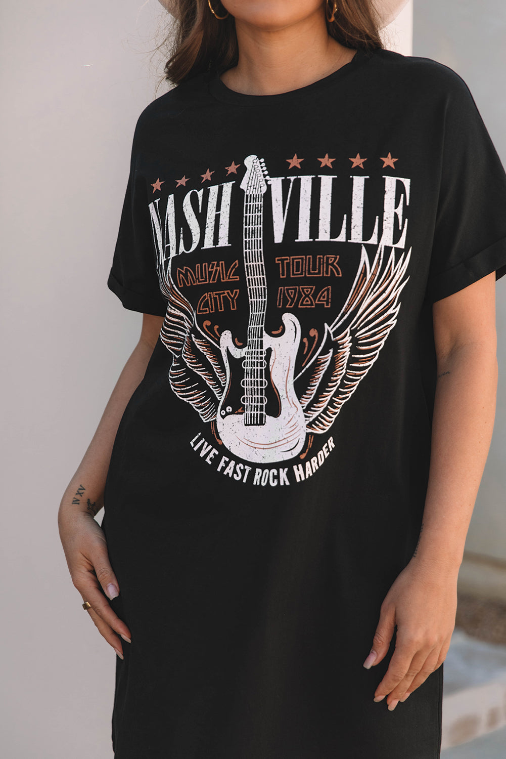 Black Nashville Guitar Print Crew Neck T Shirt Mini Dress T Shirt Dresses JT's Designer Fashion