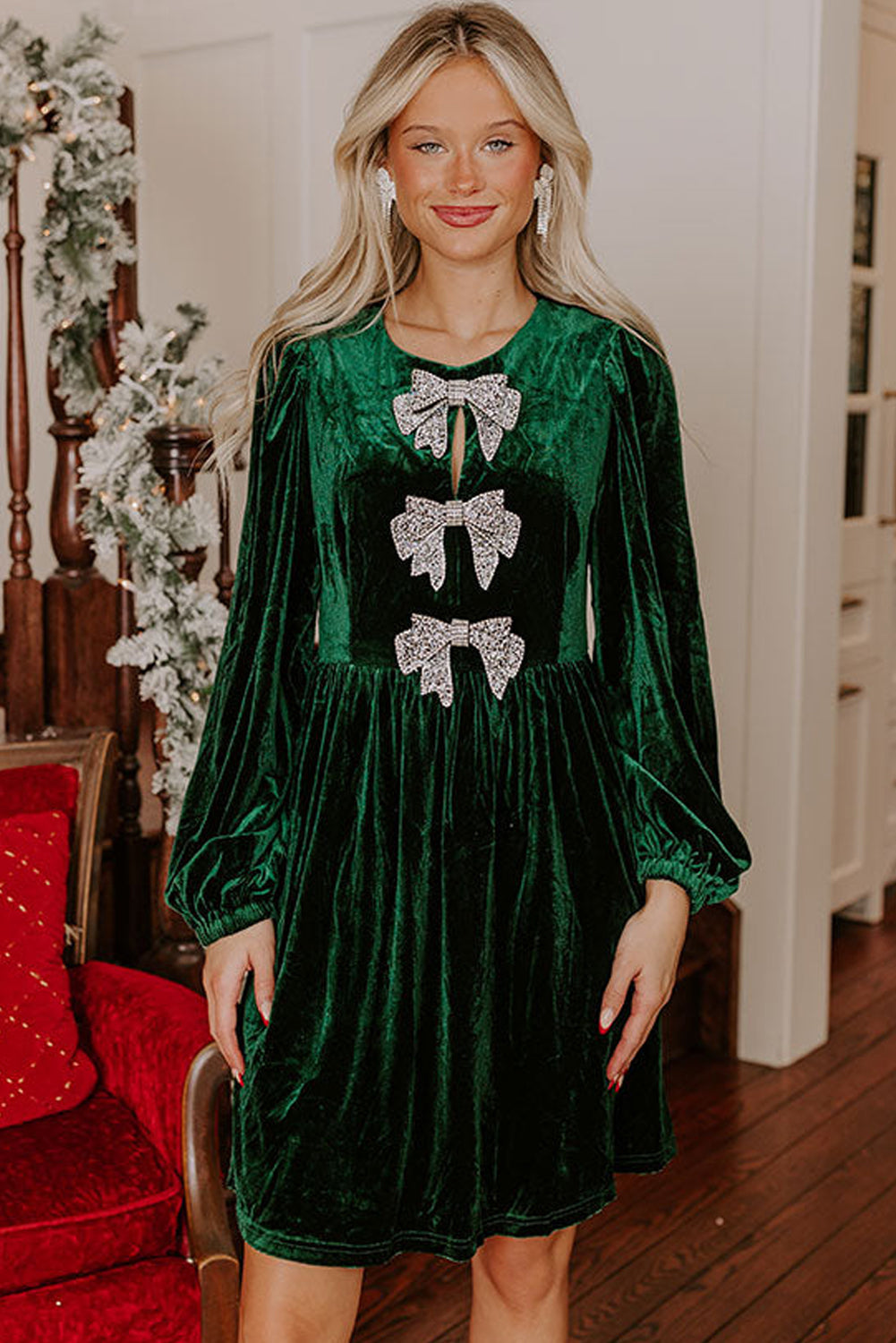 Evergreen Bowknot Decor High Waist Velvet Mini Dress Mini Dresses JT's Designer Fashion