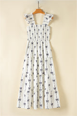 Black Bow Print Smocked Square Neck Ruffle Tiered Long Dress Maxi Dresses JT's Designer Fashion