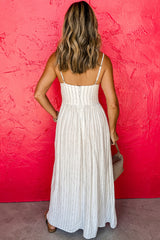Beige Stripe Spaghetti Strap Pocketed High Waist Long Dress Maxi Dresses JT's Designer Fashion
