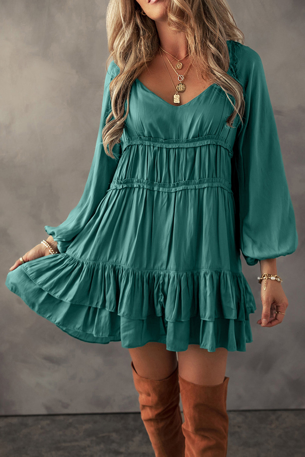 Mist Green Tiered Ruffled Puff Sleeve Loose Fit Mini Dress Mini Dresses JT's Designer Fashion