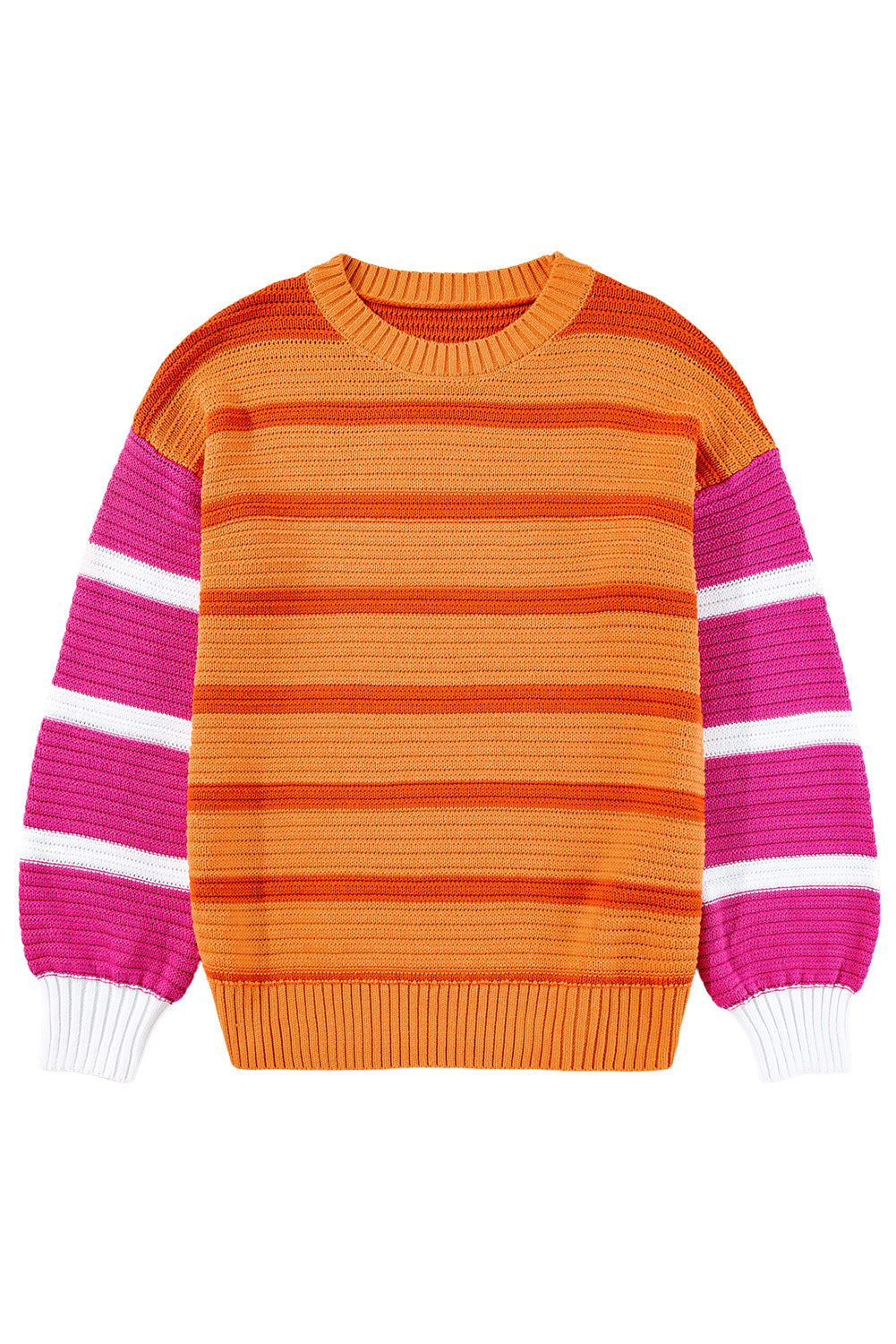 Orange Stripe Colorblock Crew Neck Drop Shoulder Loose Sweater Sweaters JT's Designer Fashion