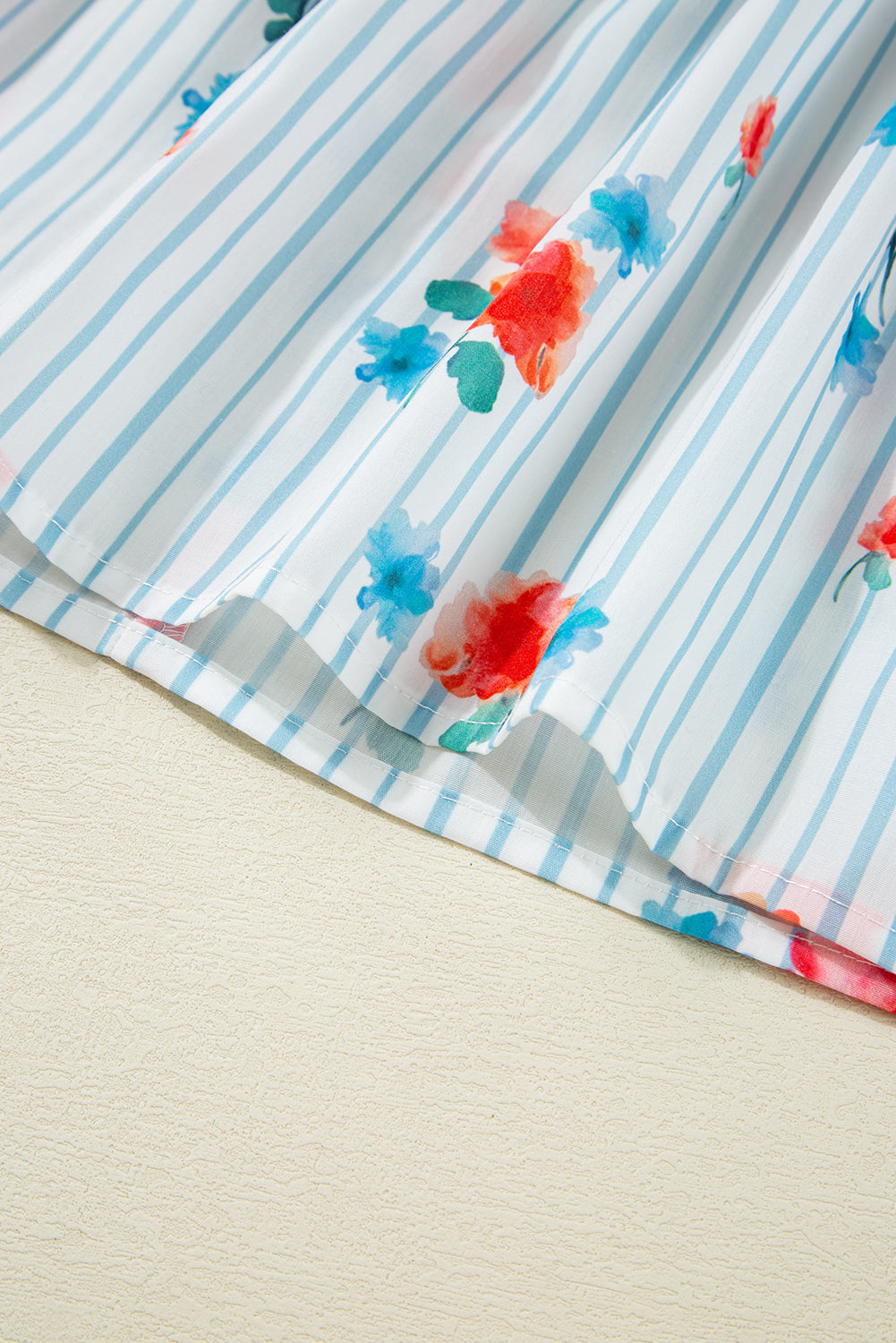 Sky Blue Stripe Floral Pattern Ruffle Short Sleeve Belted Mini Dress Dresses JT's Designer Fashion