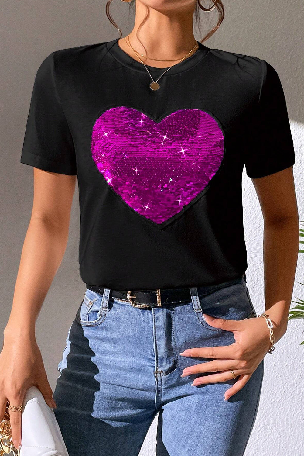 Black Valentine Two Tone Sequined Heart Shaped Graphic T Shirt Graphic Tees JT's Designer Fashion