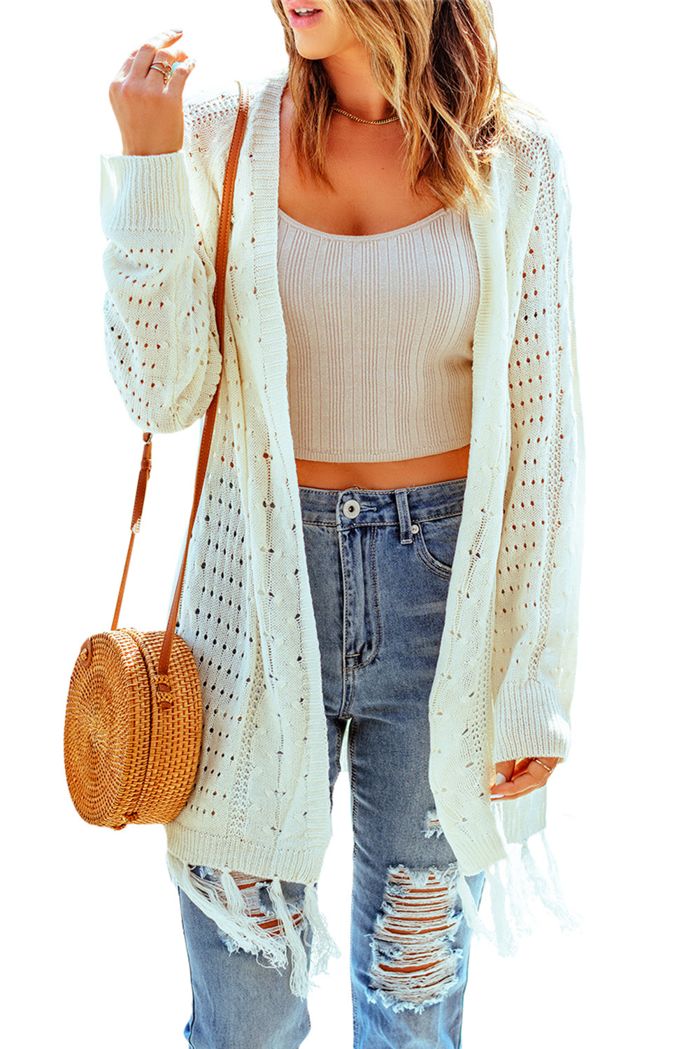 Beige Tasseled Hollow-out Cable Knit Cardigan Sweaters & Cardigans JT's Designer Fashion