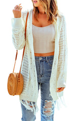 Beige Tasseled Hollow-out Cable Knit Cardigan Sweaters & Cardigans JT's Designer Fashion